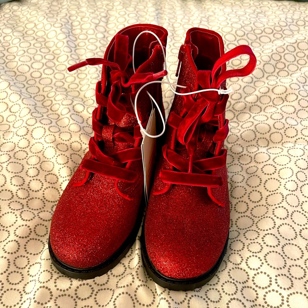 Cat & Jack Girls Giovanna Red Glitter Combat Boots - Size 12